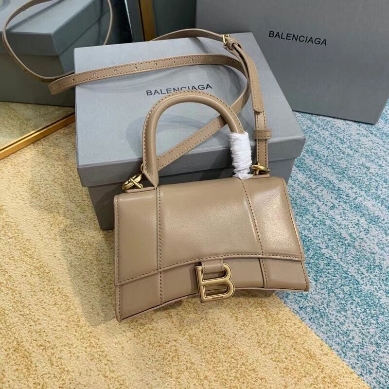 Balenciaga Hourglass XS Top Handle Bag shiny box calfskin 28331 apricot