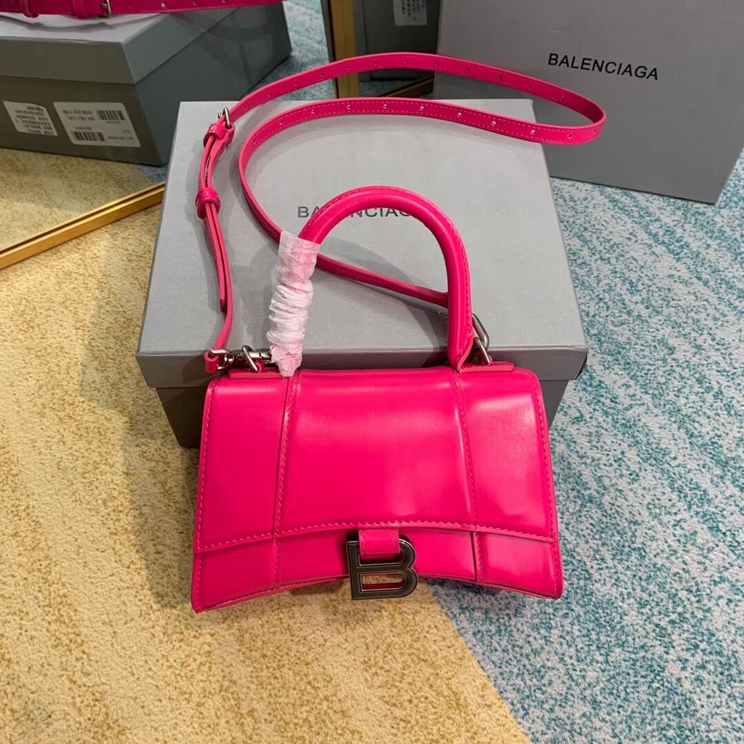 Balenciaga Hourglass XS Top Handle Bag shiny box calfskin 28331 neon pink