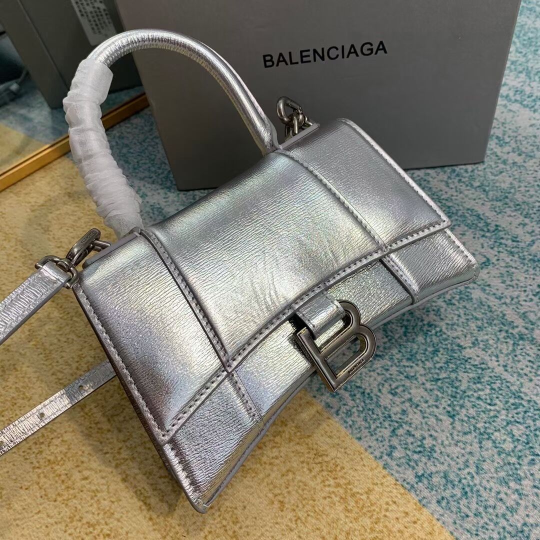 Balenciaga Hourglass XS Top Handle Bag shiny box calfskin 28331 silver