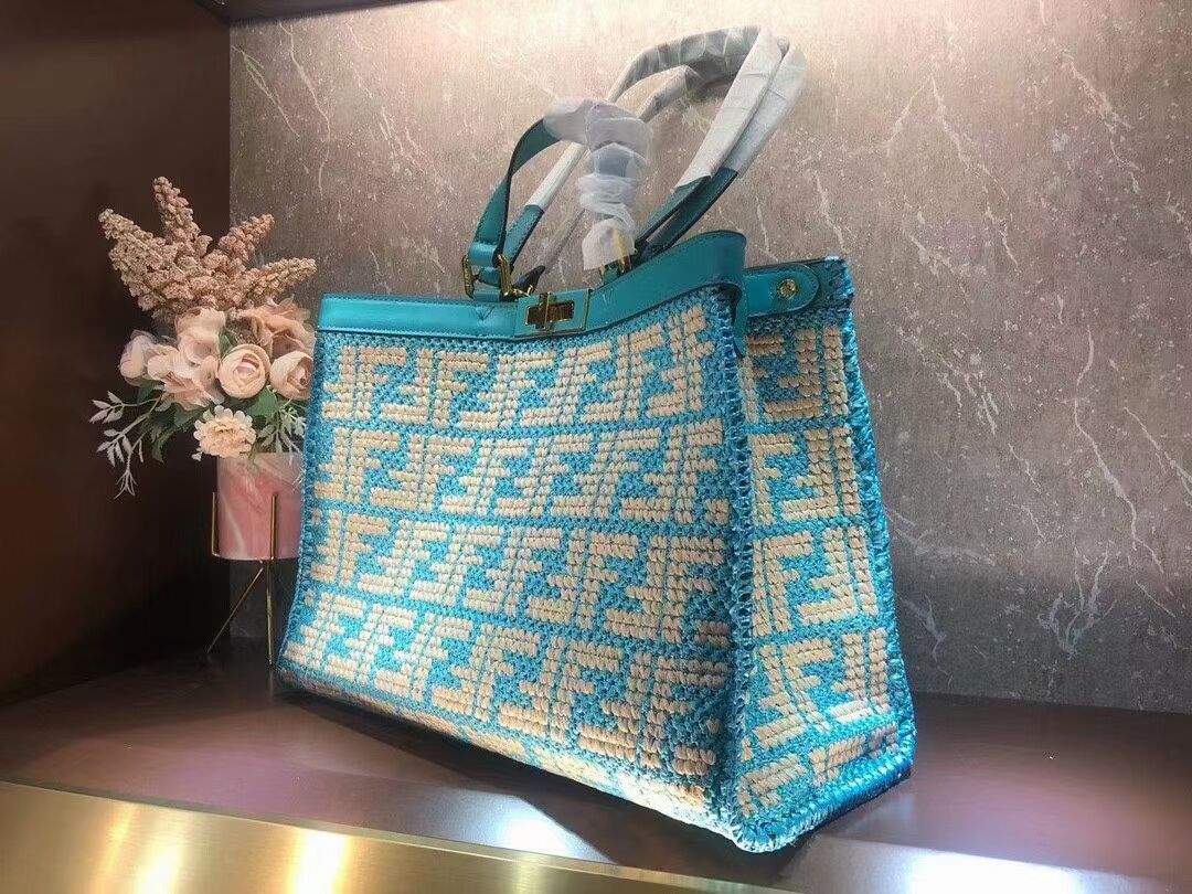 FENDI PEEKABOO X-TOTE FF raffia bag 8BH374A light blue