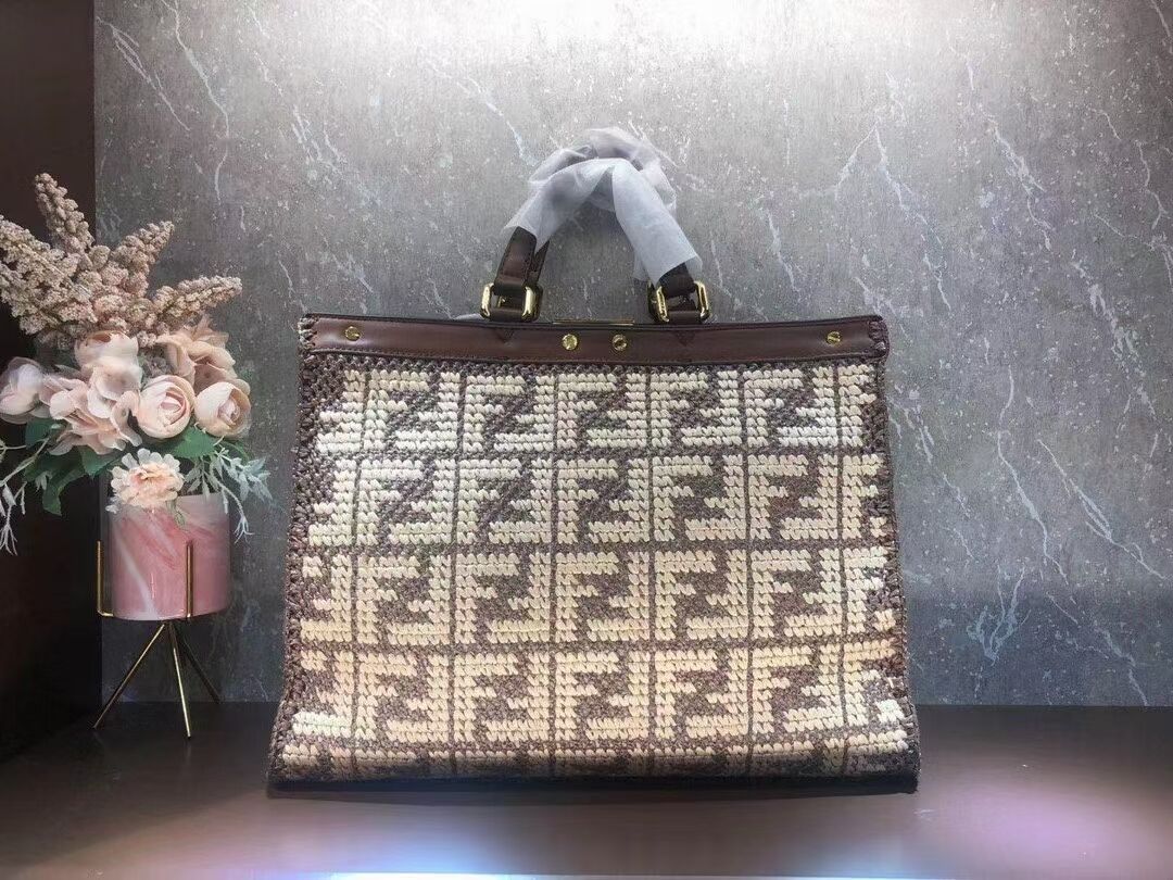 FENDI PEEKABOO X-TOTE FF raffia bag 8BH374A brown