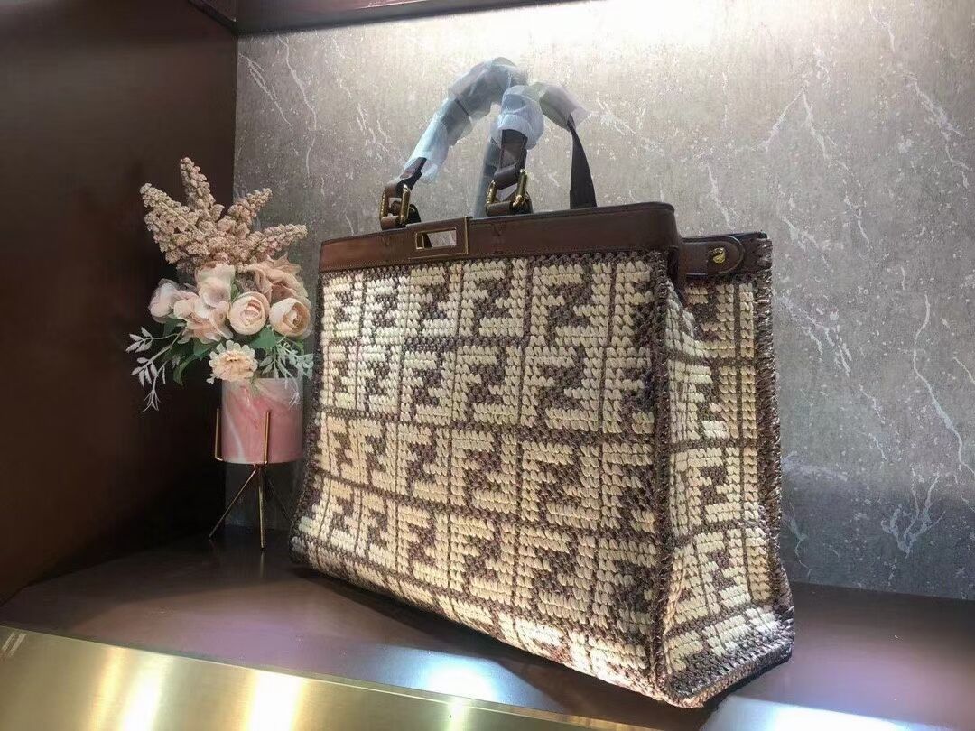 FENDI PEEKABOO X-TOTE FF raffia bag 8BH374A brown