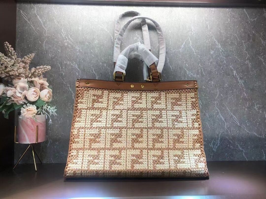 FENDI PEEKABOO X-TOTE FF raffia bag 8BH374A light brown