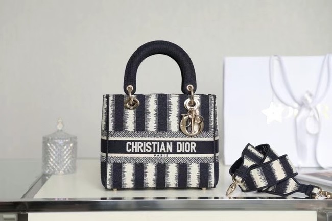 DIOR MEDIUM LADY D-LITE BAG Blue D-Stripes Embroidery M0565