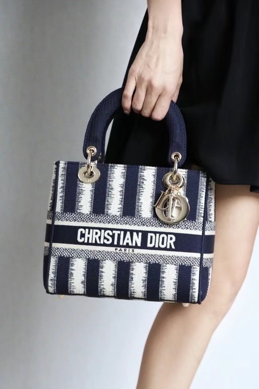 DIOR MEDIUM LADY D-LITE BAG Blue D-Stripes Embroidery M0565