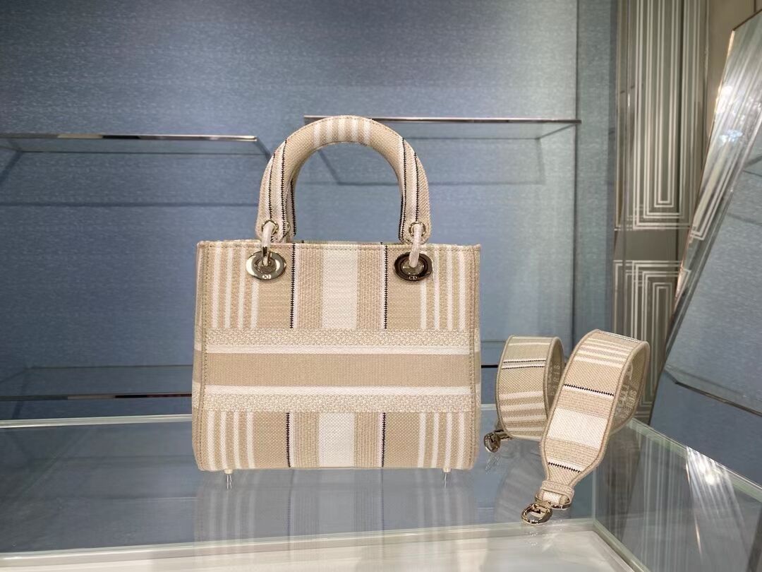 DIOR MEDIUM LADY D-LITE BAG Beige Stripes Embroidery M0565O