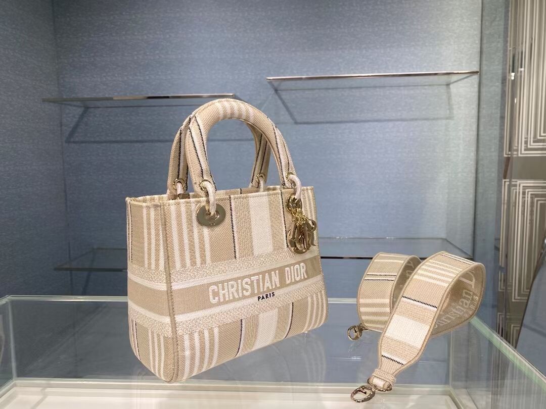 DIOR MEDIUM LADY D-LITE BAG Beige Stripes Embroidery M0565O