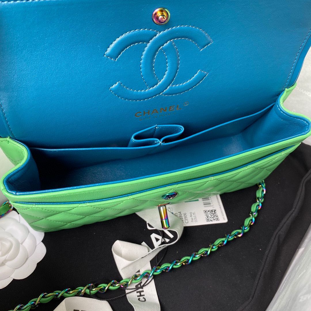 Chanel Classic Flap Shoulder Bag Original Sheepskin leather Colors Buckle Medium A01113 Green&Blue