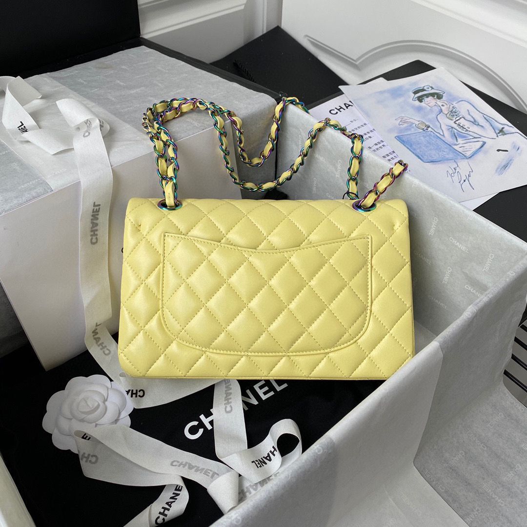 Chanel Classic Flap Shoulder Bag Original Sheepskin leather Colors Buckle Medium A01113 Yellow&Blue