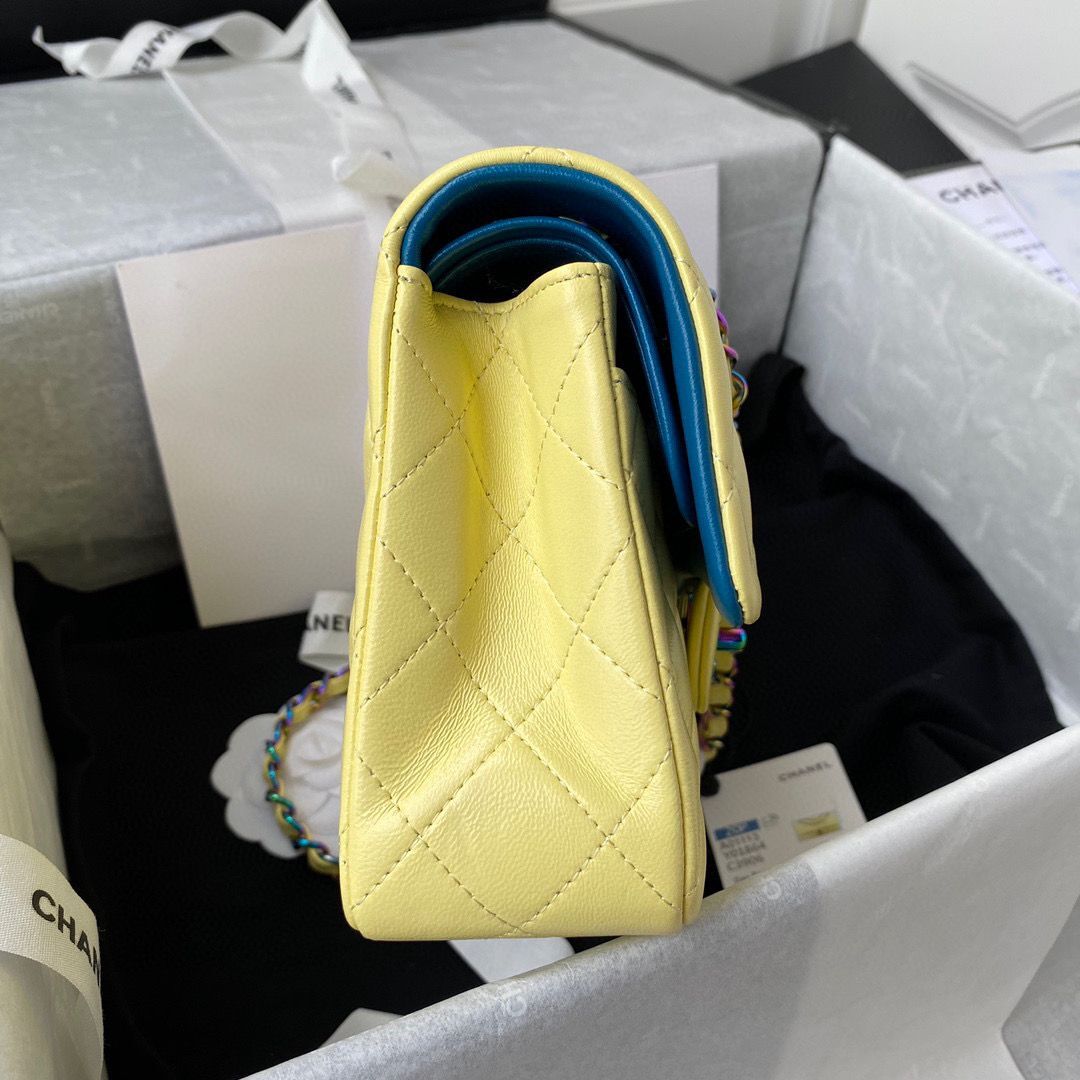 Chanel Classic Flap Shoulder Bag Original Sheepskin leather Colors Buckle Medium A01113 Yellow&Blue
