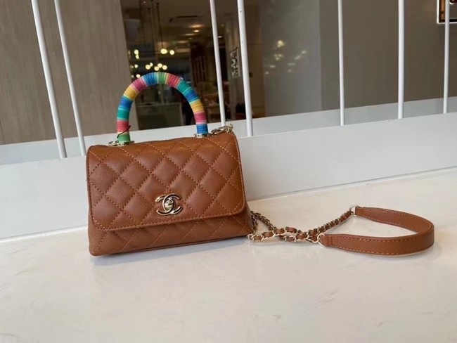 chanel mini flap bag with top handle AS2215 brown