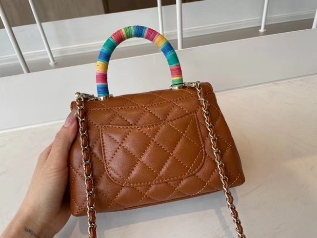 chanel mini flap bag with top handle AS2215 brown