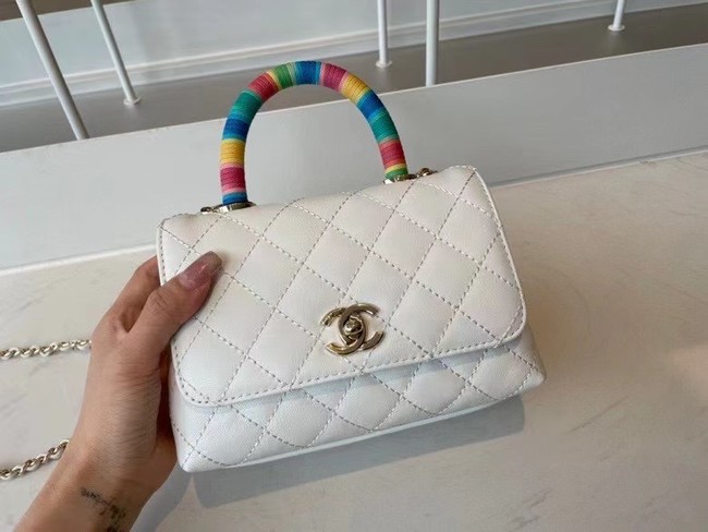 chanel mini flap bag with top handle AS2215 white
