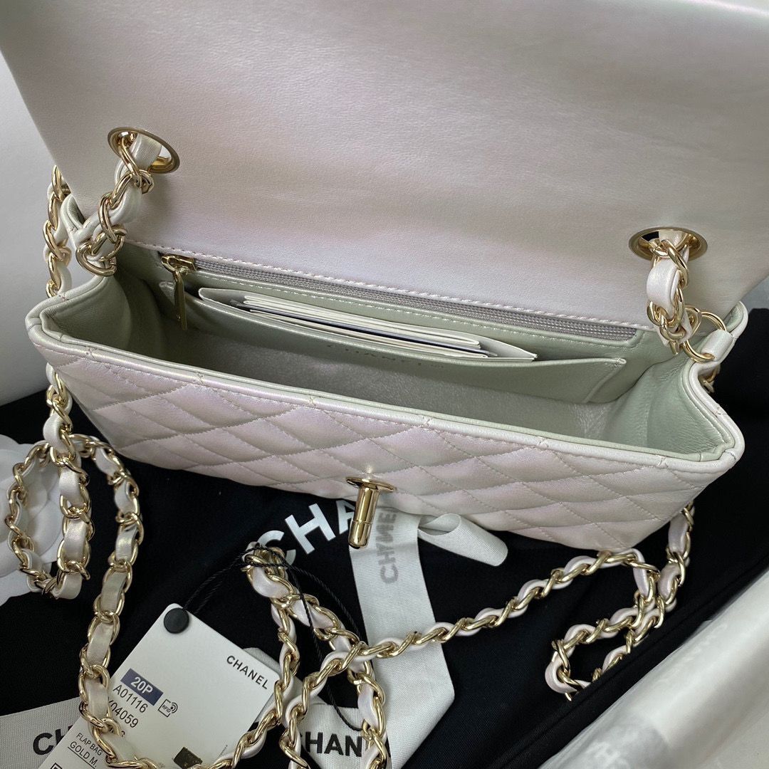 chanel flap bag Iridescent Calfskin & Light Gold-Tone AS1116 Pearl White