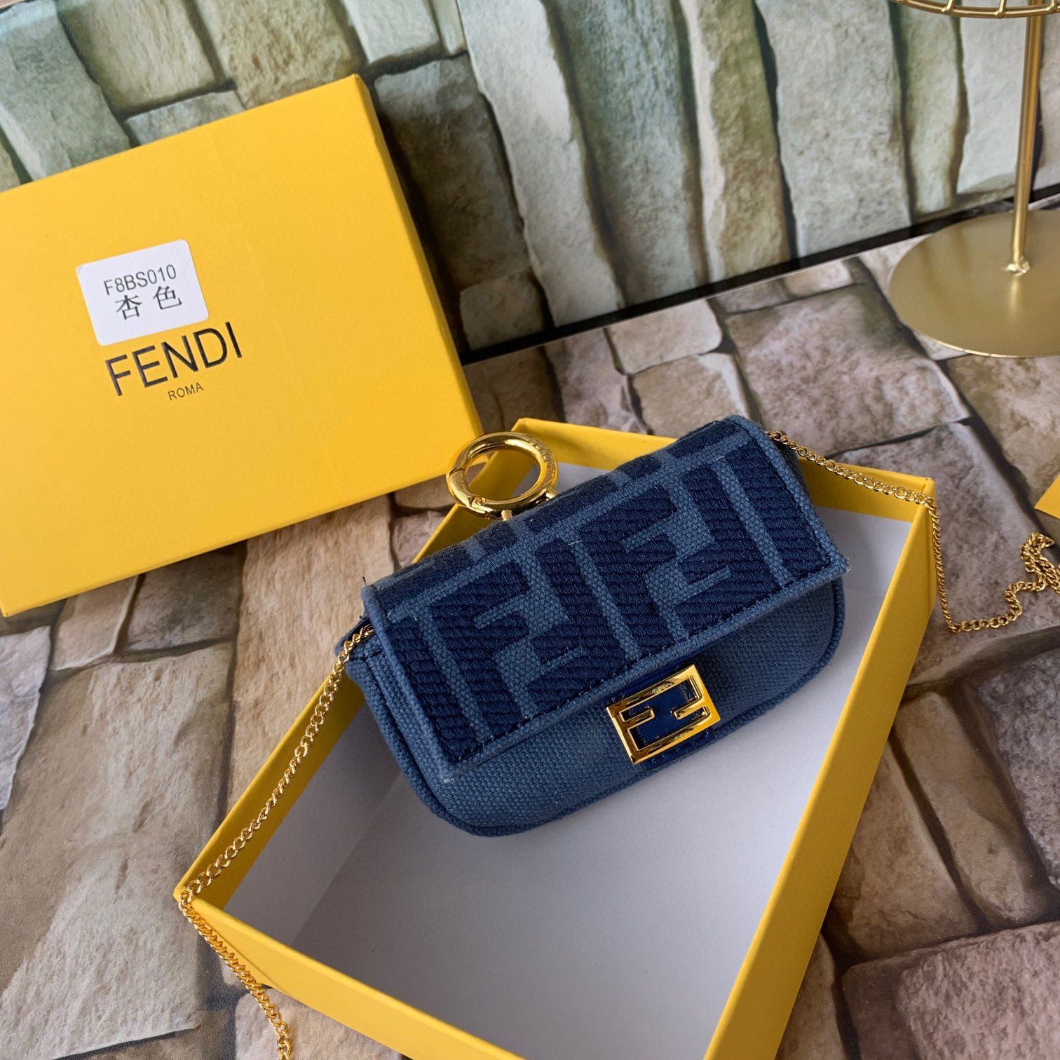 FENDI NANO BAGUETTE CHARM Nappa lcanvas Bag 7AR844 Navy