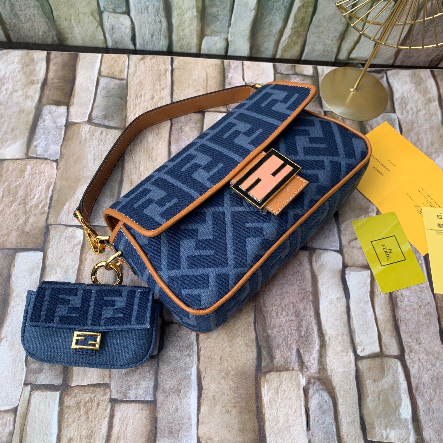 FENDI NANO BAGUETTE CHARM Nappa lcanvas Bag 7AR844 Navy