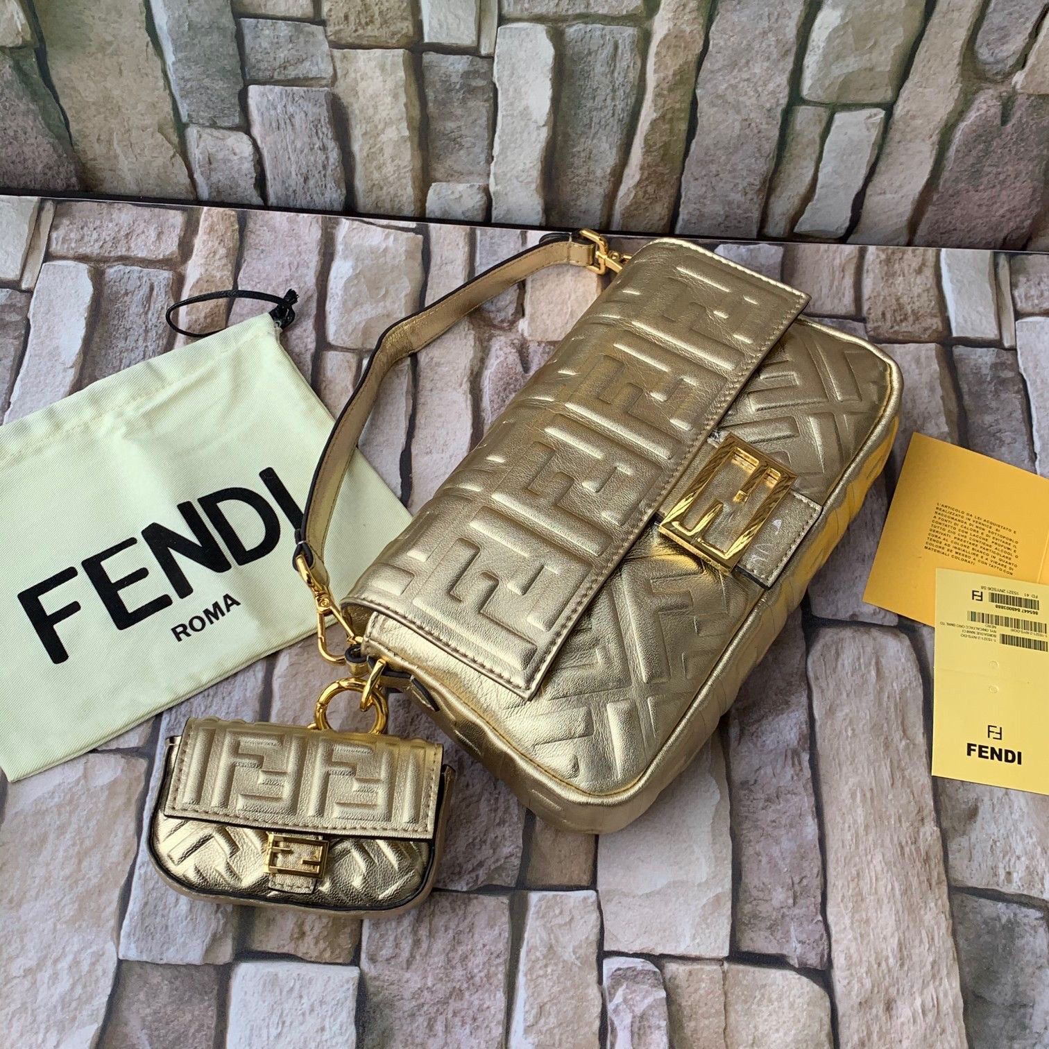 FENDI NANO BAGUETTE CHARM nappa leather 7AR844 Gold