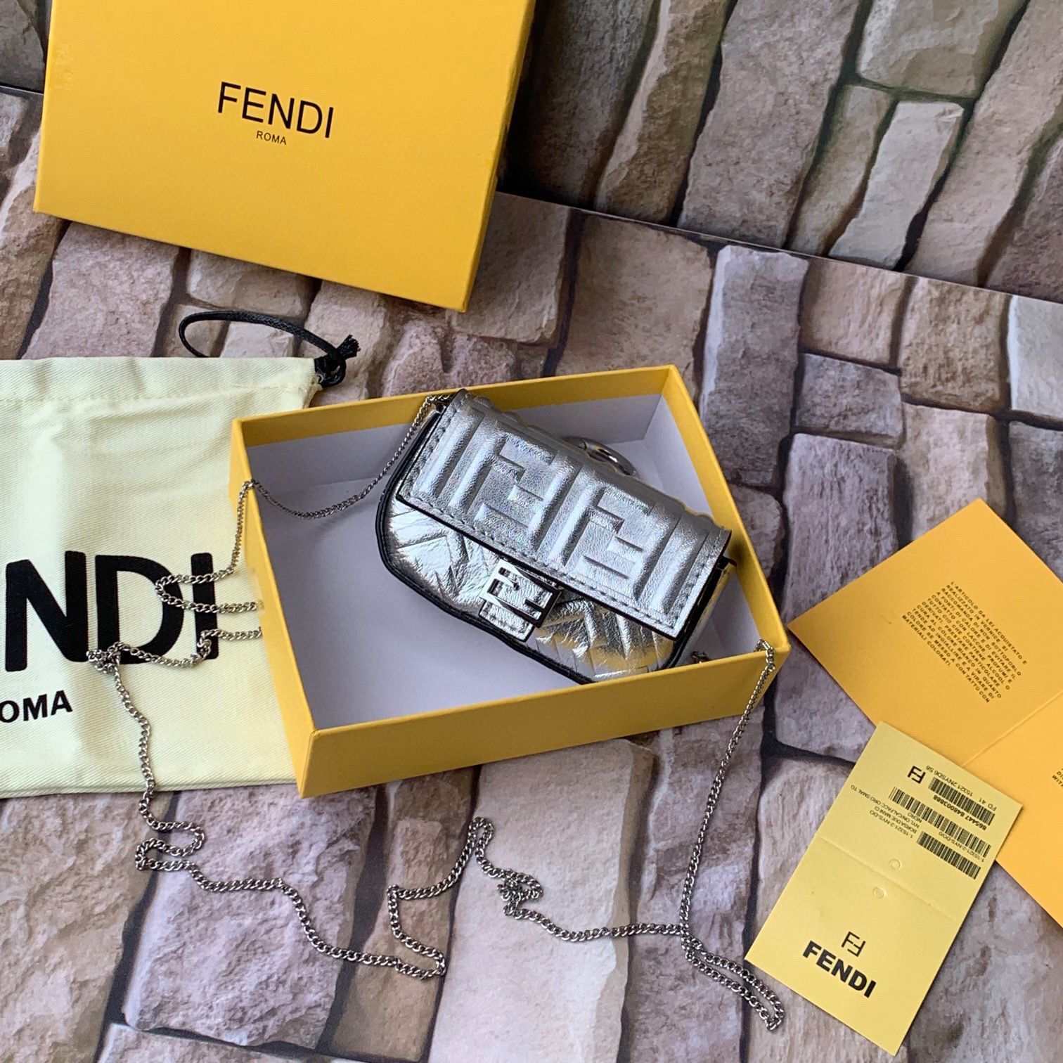 FENDI NANO BAGUETTE CHARM nappa leather 7AR844 Silver