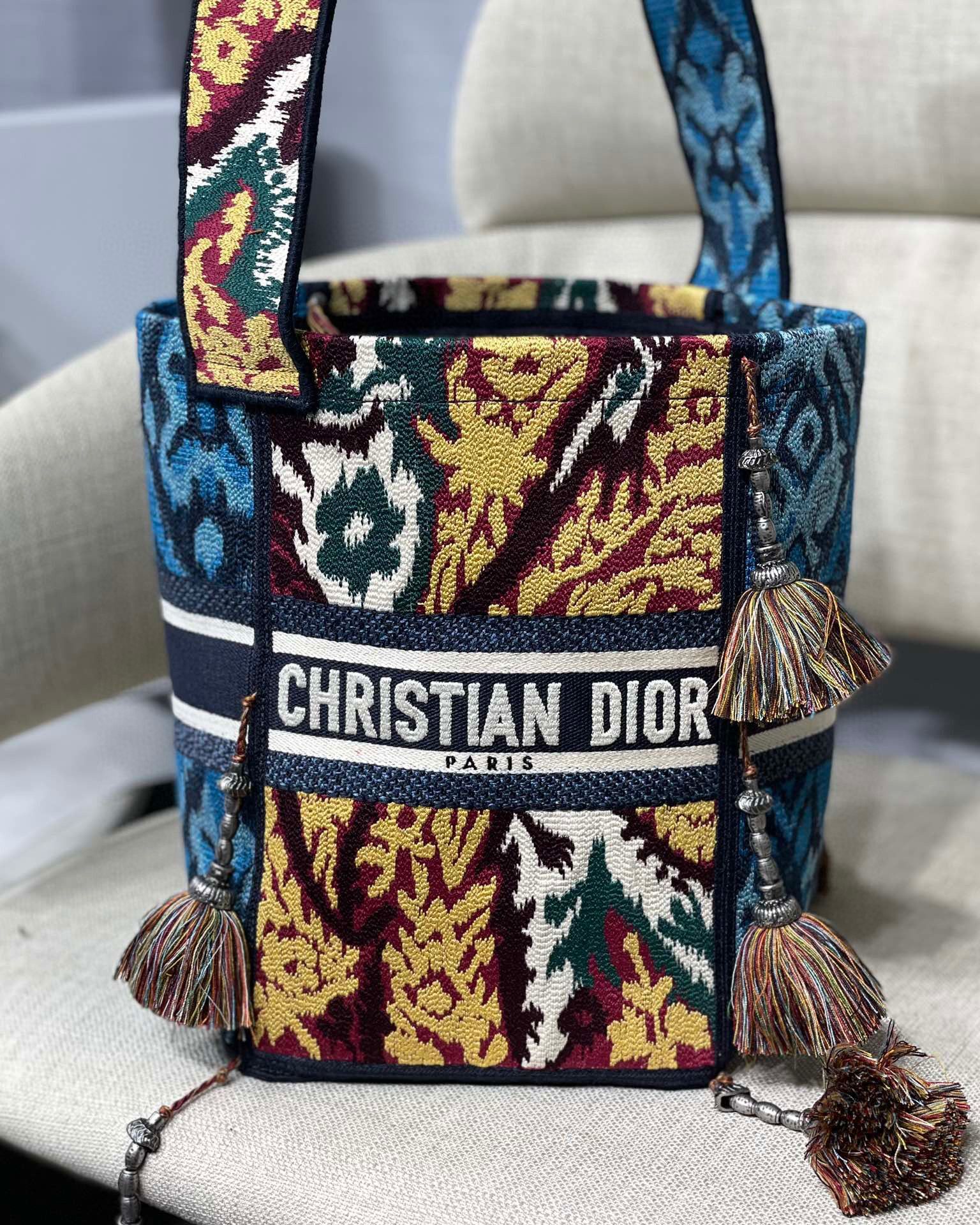Dior Bubble Maple Leaf Embroidered Bucket Bag M6006 Blue
