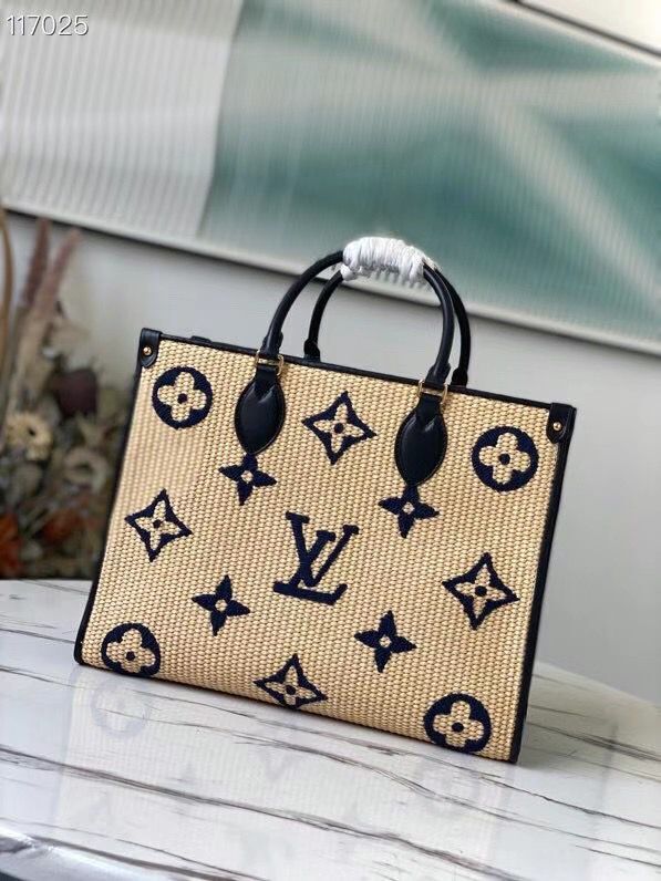 Louis Vuitton Onthego Monogram Raffia Giant Weave Embroidery Medium Tote Bag M57723 Blue