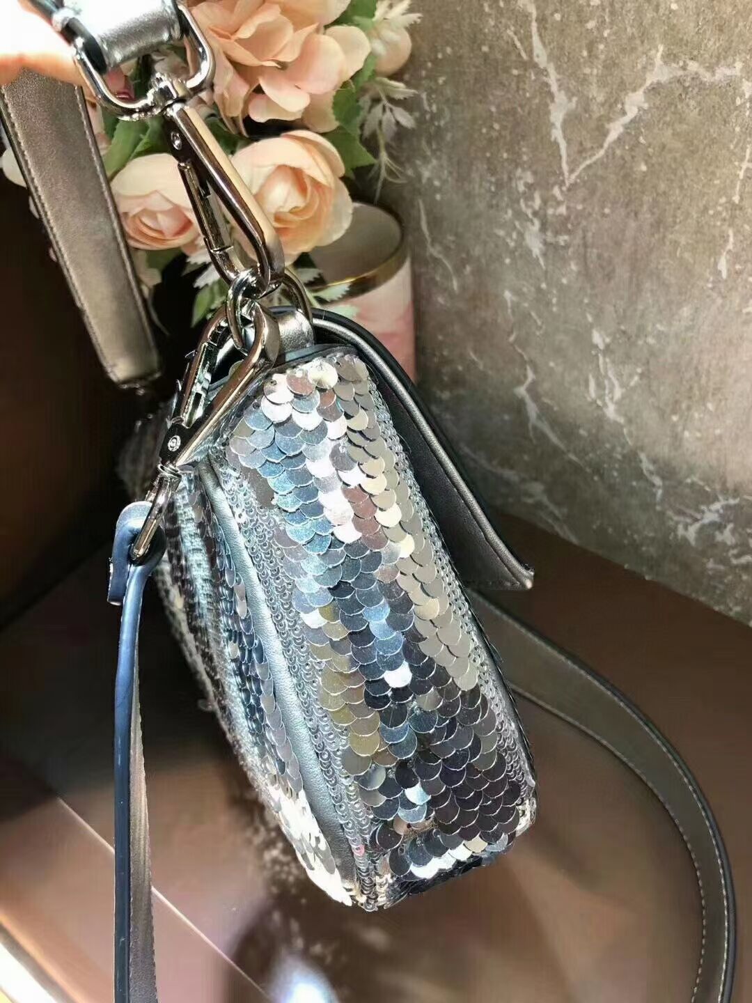 FENDI BAGUETTE Bag Pearl slice F1359 silver