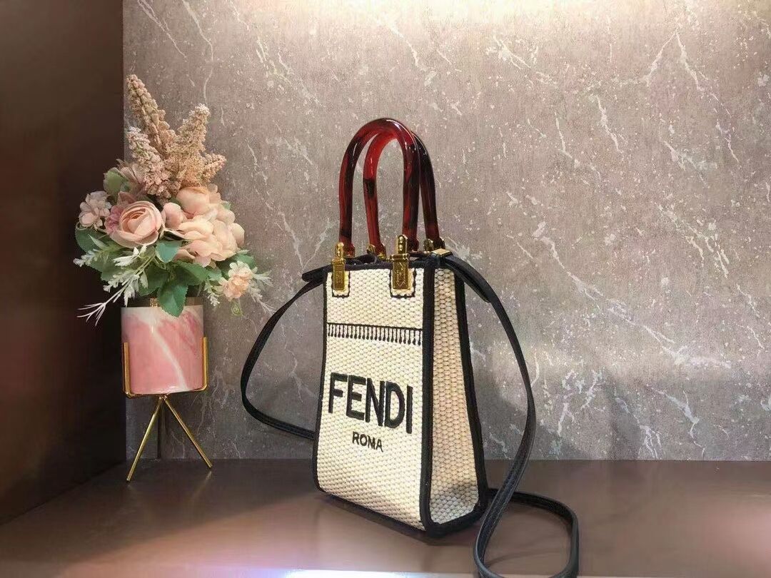 FENDI MINI SUNSHINE SHOPPER Braided straw mini-bag 8BS051 apricot