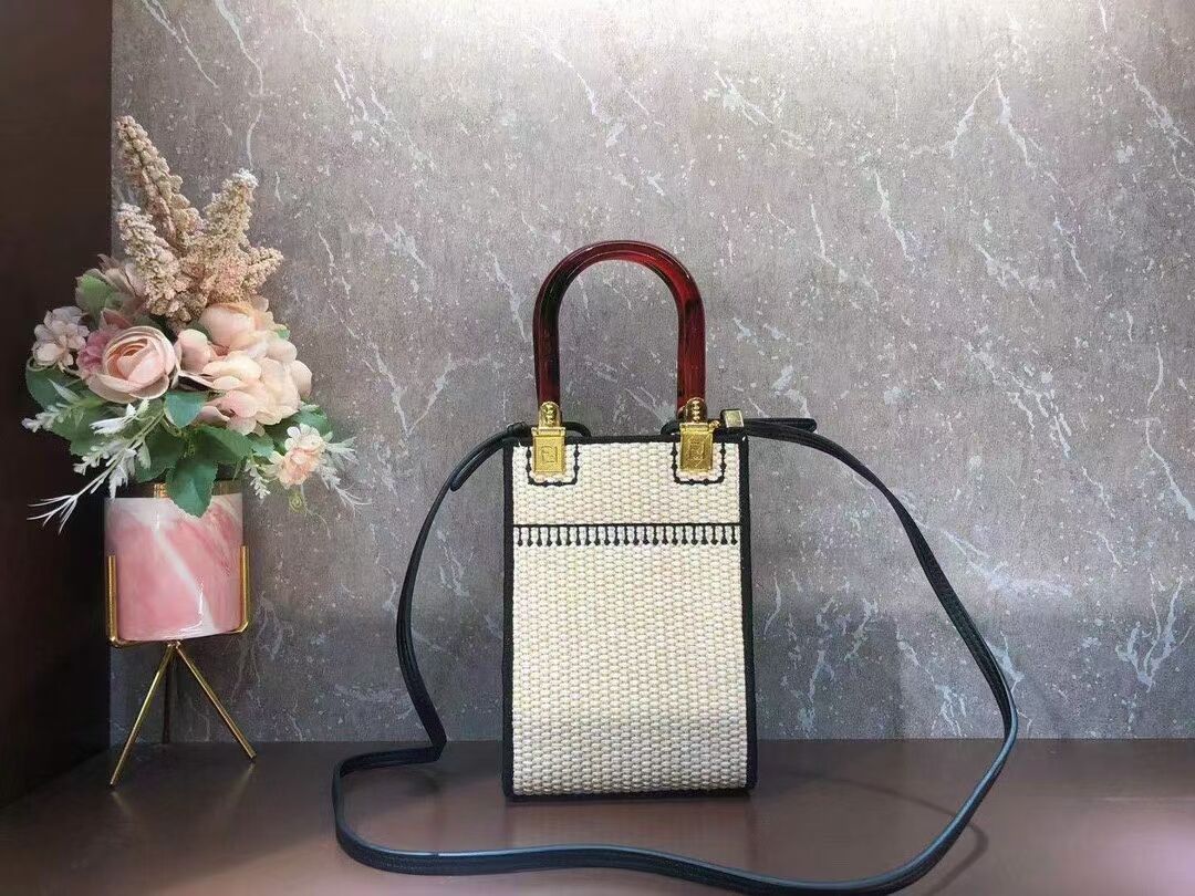 FENDI MINI SUNSHINE SHOPPER Braided straw mini-bag 8BS051 apricot