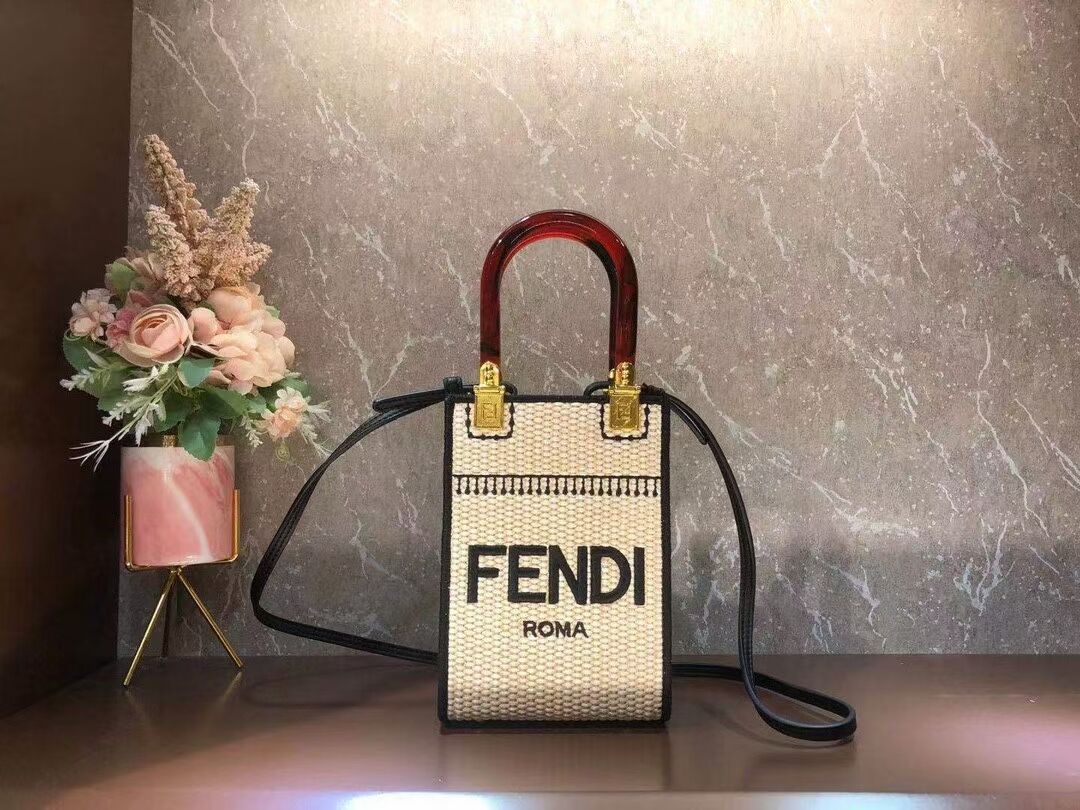 FENDI MINI SUNSHINE SHOPPER Braided straw mini-bag 8BS051 apricot