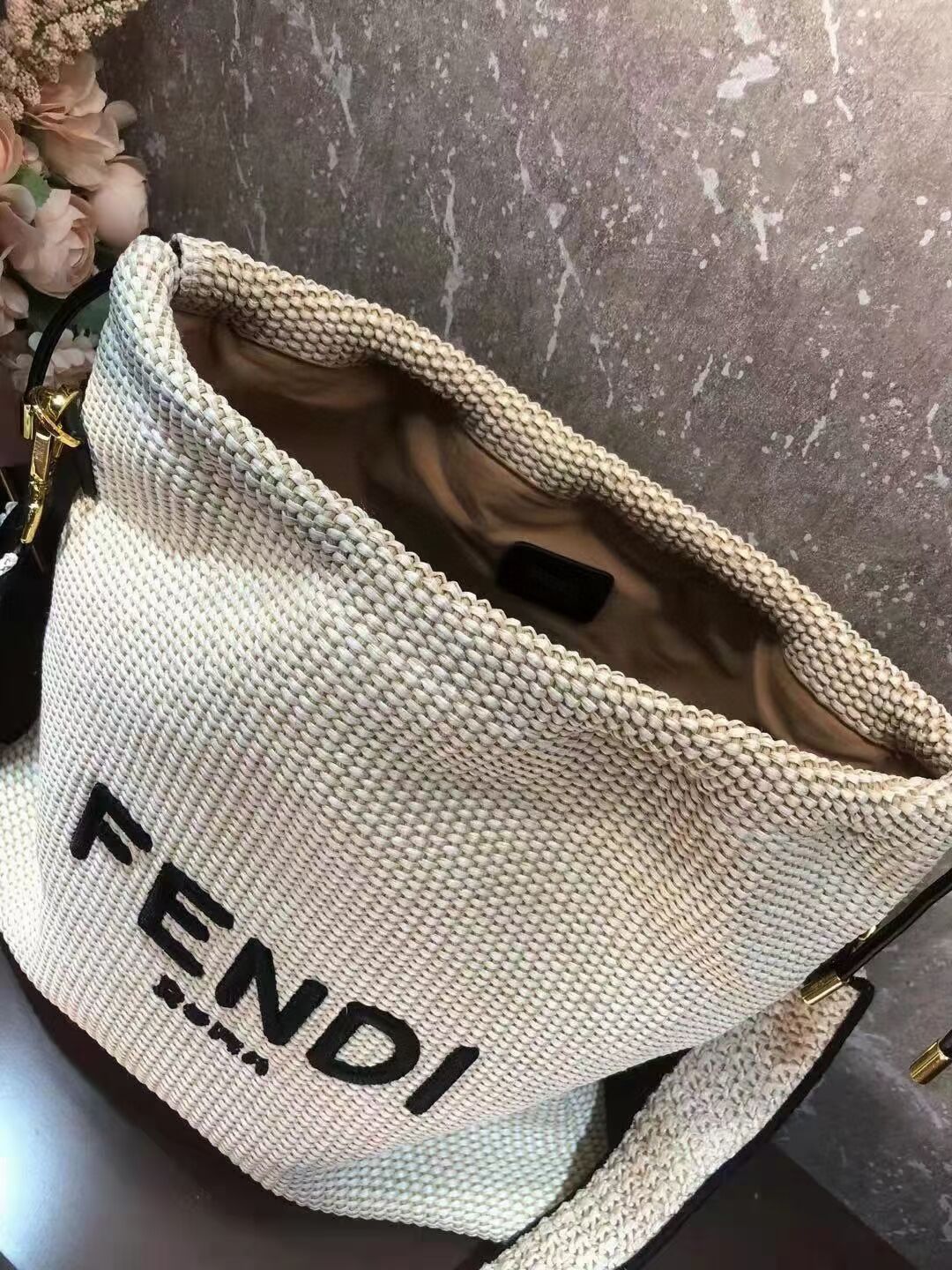 FENDI PACK SMALL POUCH Braided straw Large-bag F1529 beige