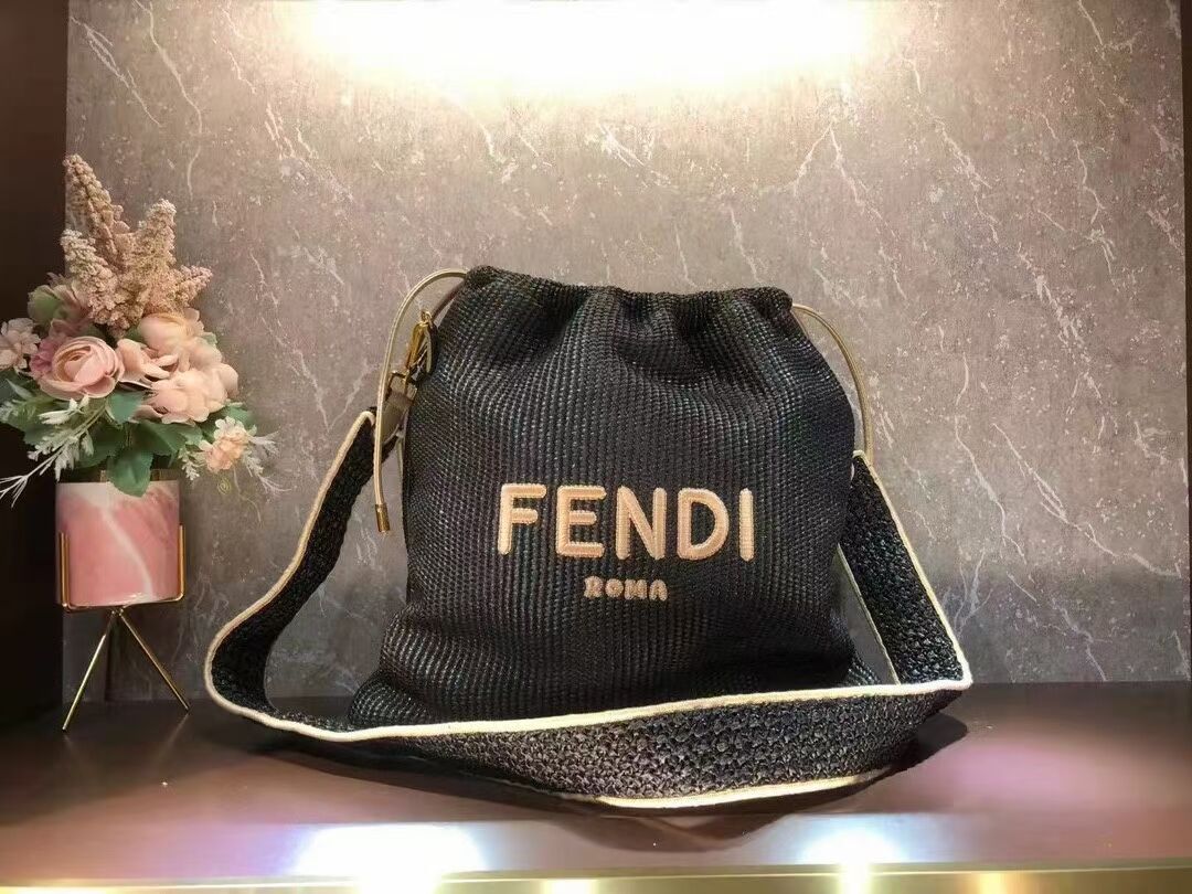 FENDI PACK SMALL POUCH Braided straw Large-bag F1529 black