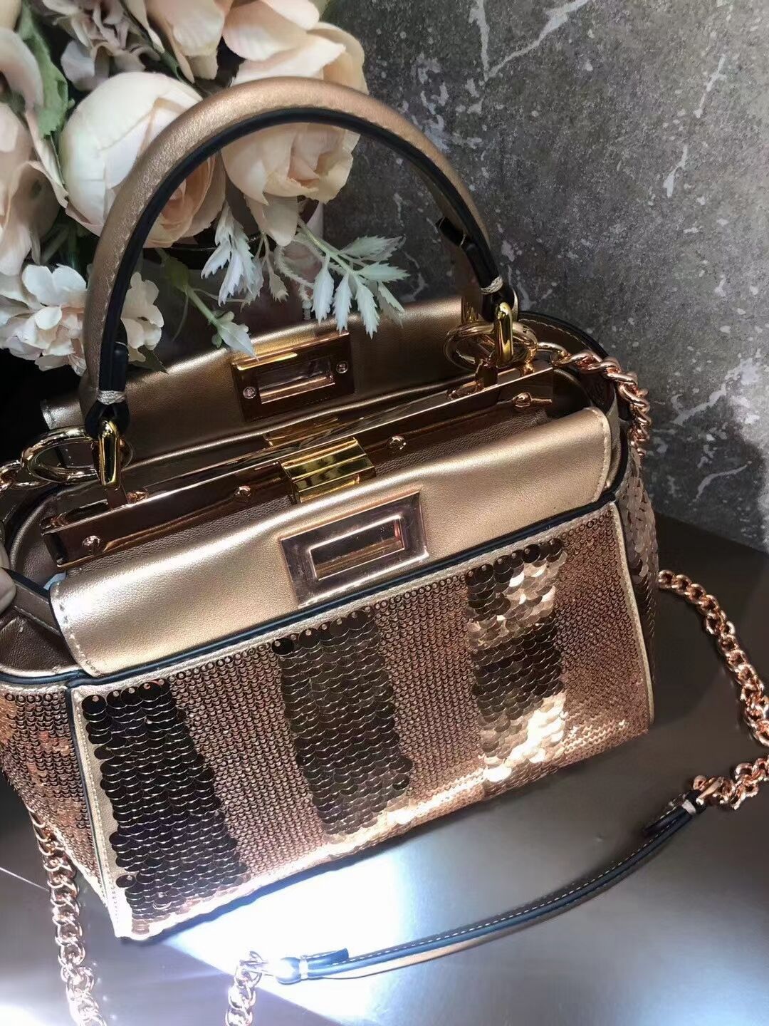 FENDI PEEKABOO ICONIC MINI Beads bag F1359 rose gold