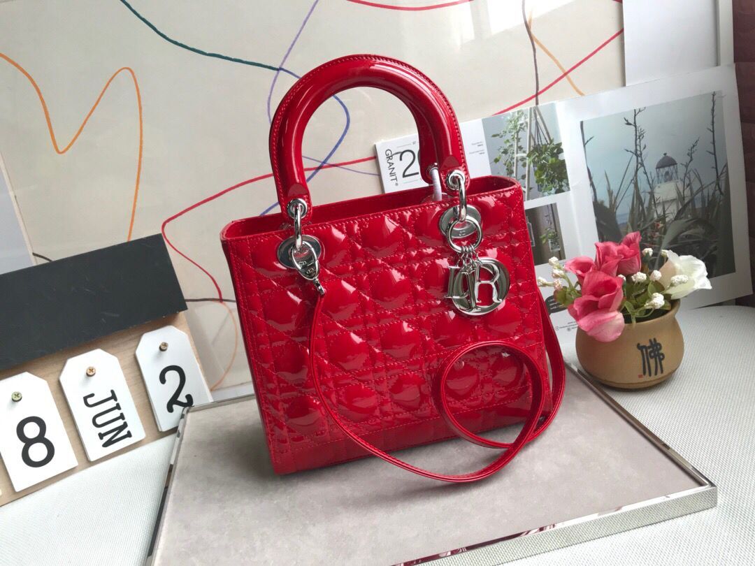 LADY DIOR MY ABCDIOR Patent Leather Bag Red M05389 Silver