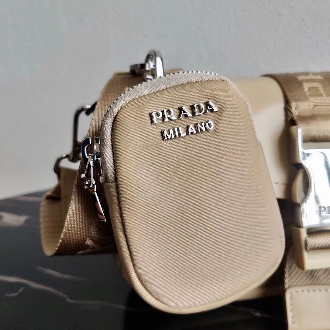 Prada Pocket nylon and brushed leather bag 1BD295 Biscuits