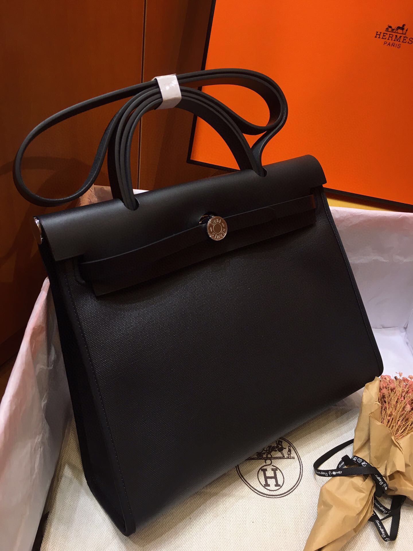 Hermes mini Herbag Original Canvas Leather & Calfskin 45988 Black