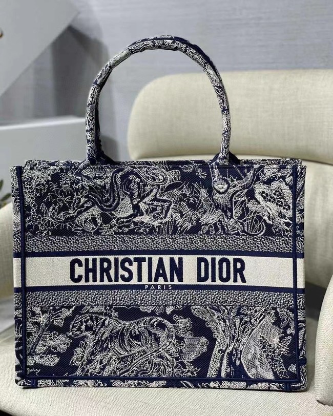 SMALL DIOR BOOK TOTE Blue Toile de Jouy Reverse Embroidery M1296Z