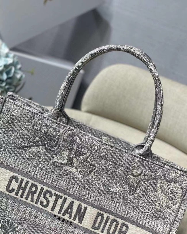 SMALL DIOR BOOK TOTE grey Toile de Jouy Reverse Embroidery M1296Z