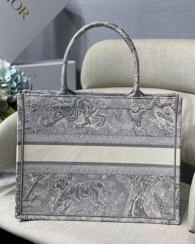 SMALL DIOR BOOK TOTE grey Toile de Jouy Reverse Embroidery M1296Z