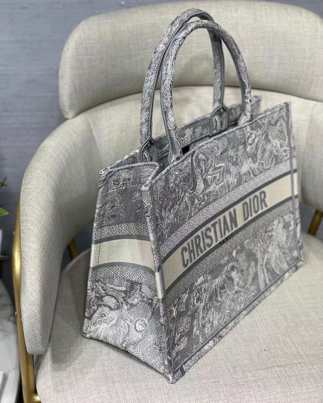 SMALL DIOR BOOK TOTE grey Toile de Jouy Reverse Embroidery M1296Z