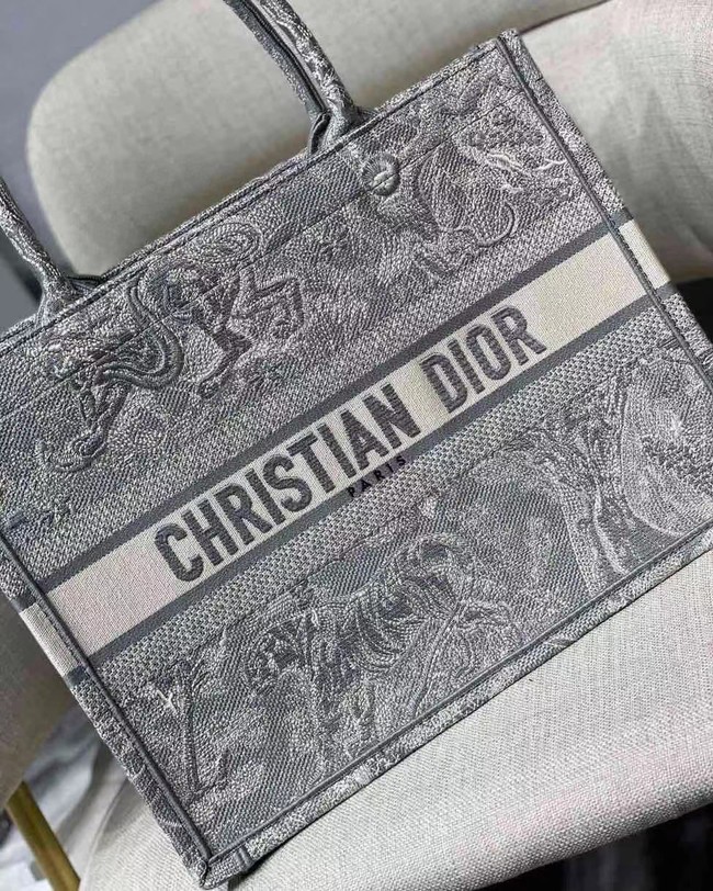 SMALL DIOR BOOK TOTE grey Toile de Jouy Reverse Embroidery M1296Z