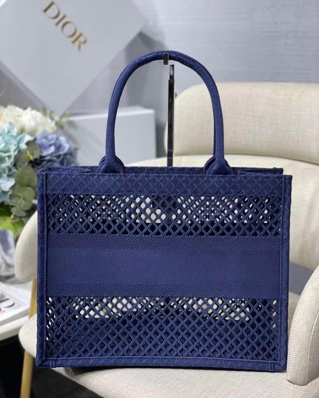 SMALL DIOR BOOK TOTE Blue Mesh Embroidery M1296Z