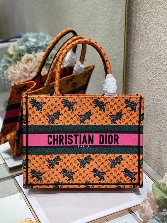 DIOR BOOK TOTE Orange Multicolor Dragon & Fire Embroidery M1296ZJ