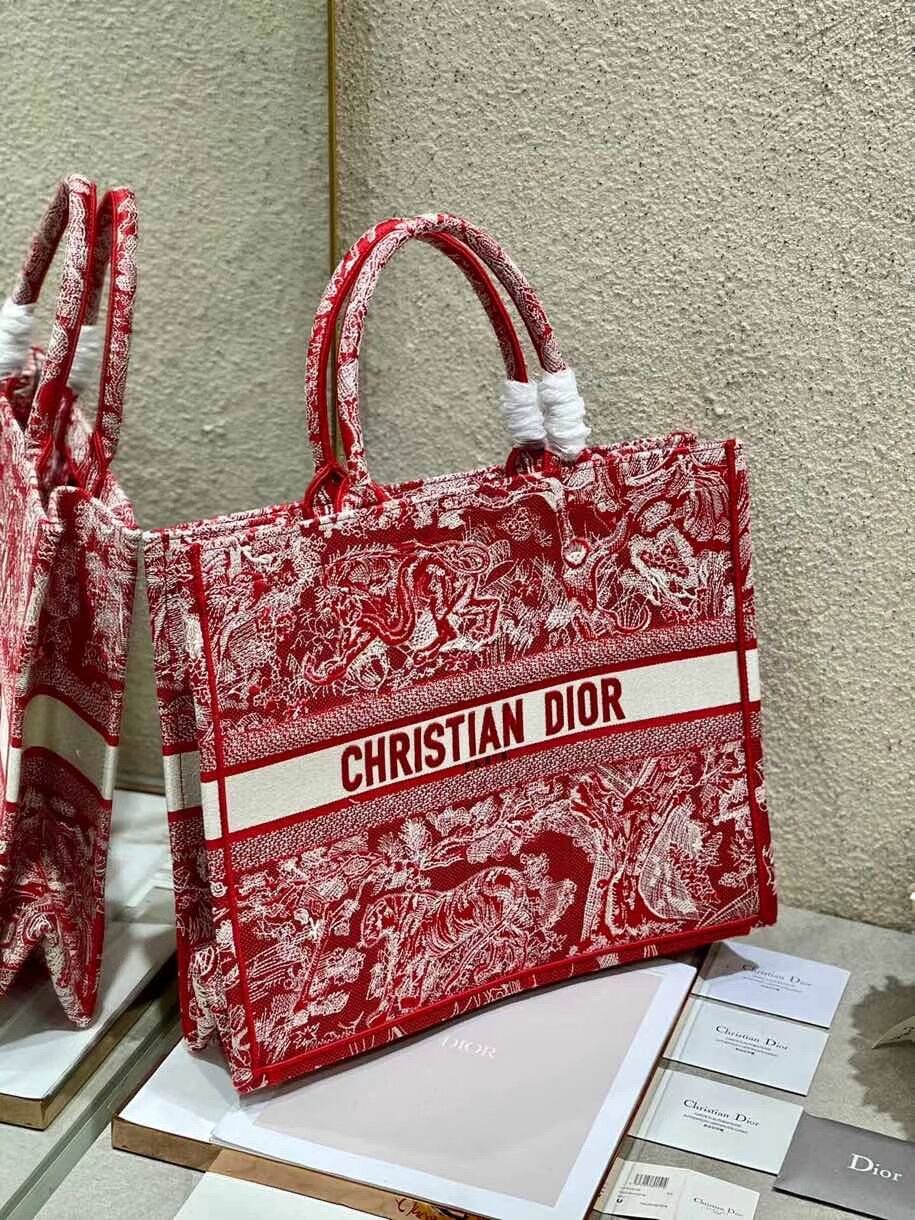 DIOR BOOK TOTE Raspberry Toile de Jouy Reverse Embroidery M1286ZR RED