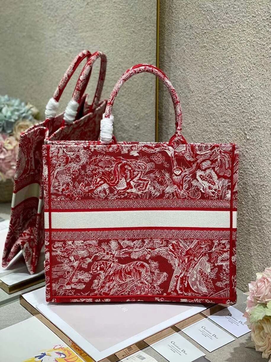 DIOR BOOK TOTE Raspberry Toile de Jouy Reverse Embroidery M1286ZR RED