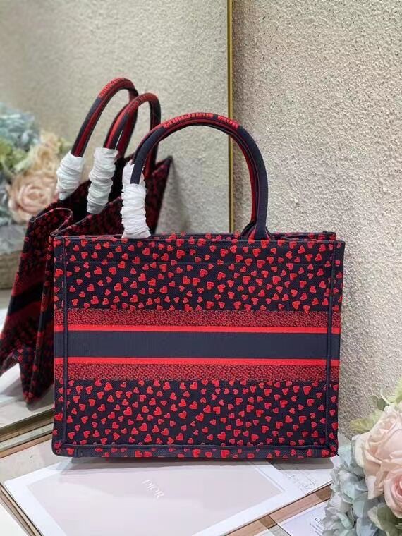 SMALL DIOR BOOK TOTE Navy Blue I Love Paris and Red Hearts Embroidery M1296ZRG