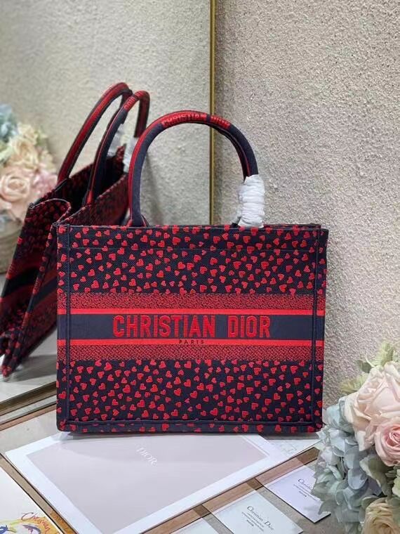 SMALL DIOR BOOK TOTE Navy Blue I Love Paris and Red Hearts Embroidery M1296ZRG