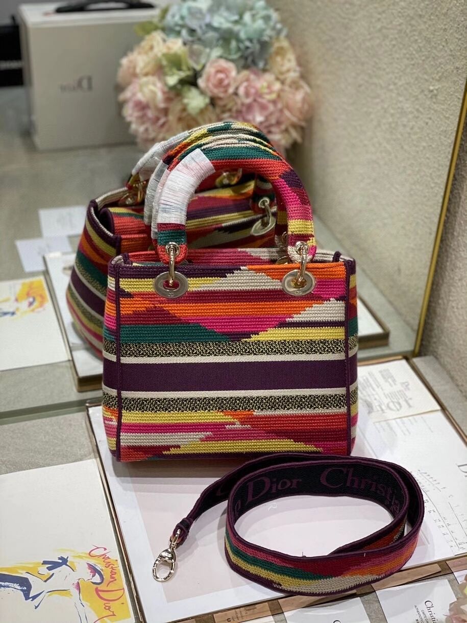 MEDIUM LADY D-LITE BAG Multicolor D-Stripes Embroidery M0565O