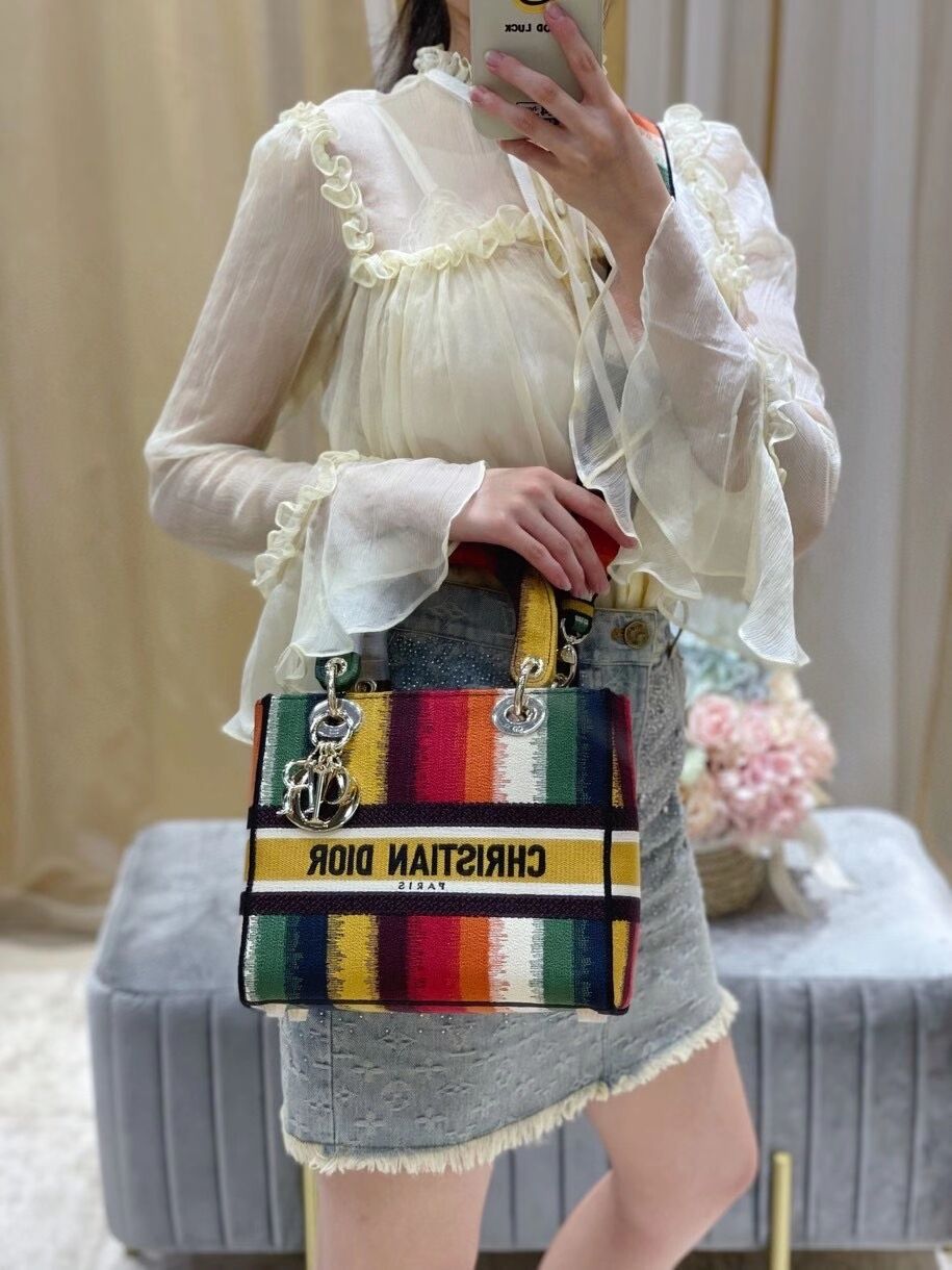 MEDIUM LADY D-LITE BAG Multicolor D-Stripes Embroidery M0565ORFQ