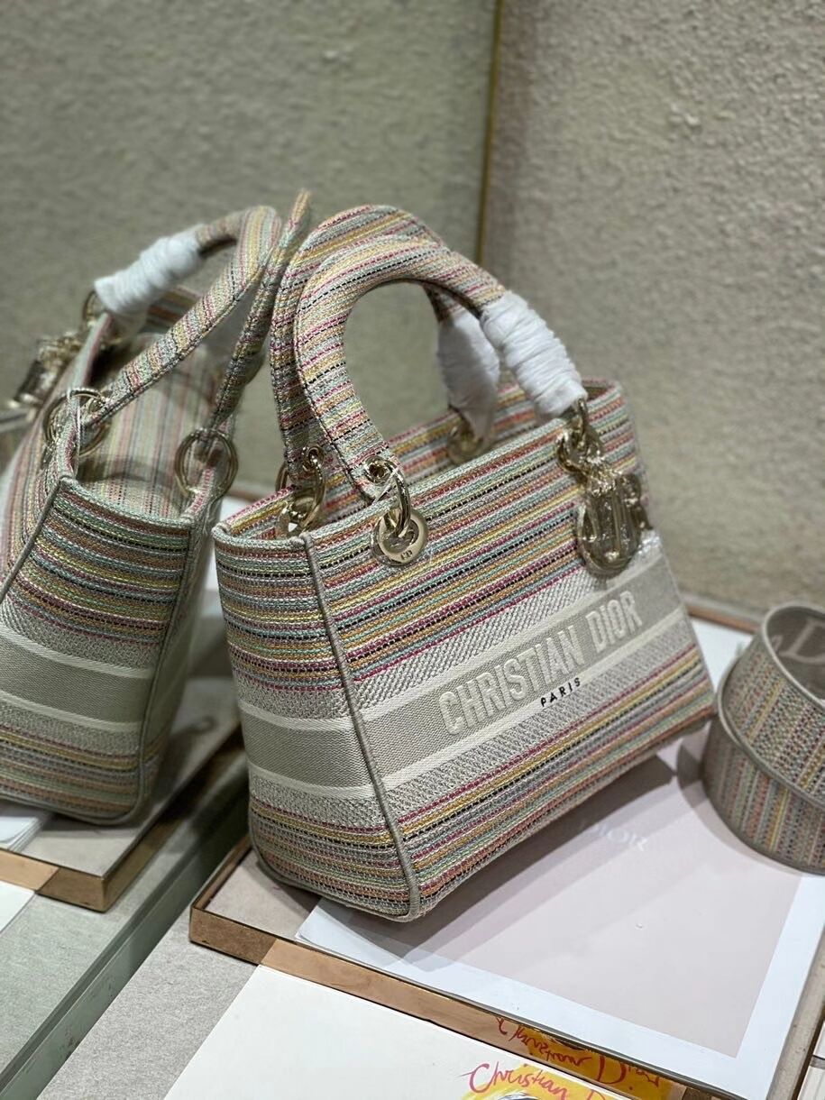 MEDIUM LADY D-LITE BAG Multicolor Stripes Embroidery M0565ORFO