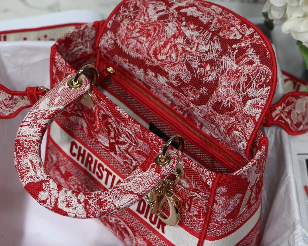 MEDIUM LADY D-LITE BAG Raspberry Toile de Jouy Reverse Embroidery M0565OR