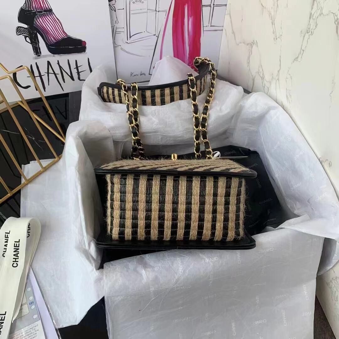 Chanel Drawstring Bag Raffia Jute Thread & Gold-Tone Metal Black & Beige AS2421